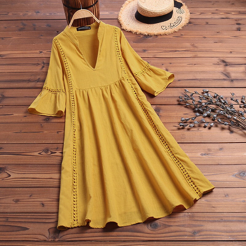 ZANZEA Clearance Sale Women Bell Sleeve Casual Mini Dress Summer Holiday Shirt Dress Plus